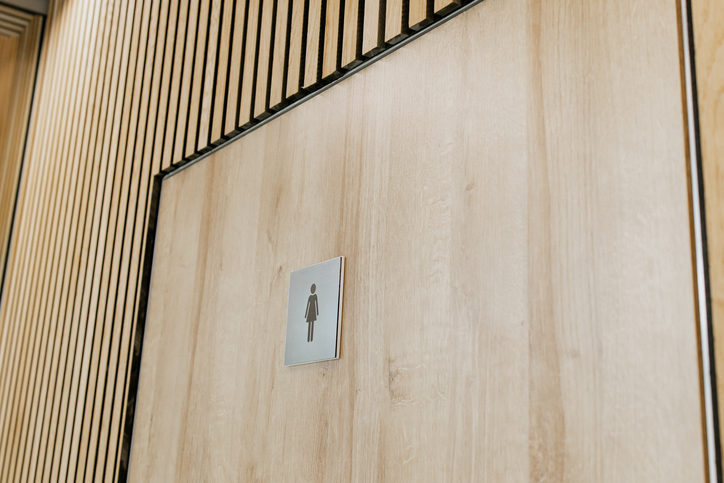Modern wooden door with women’s restroom symbol in contemporary public interior design, minimal and clean architecture
