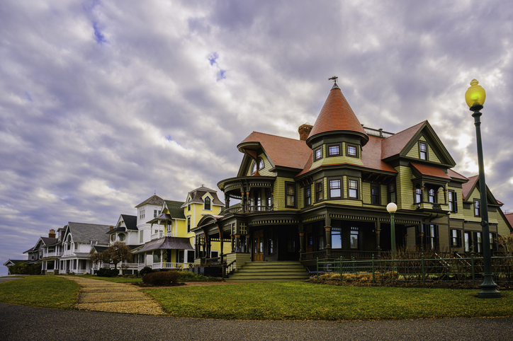 Oak Bluffs skyline, houses, and dramatic winter cloudscape over the Ocean Park on Martha's Vineyard