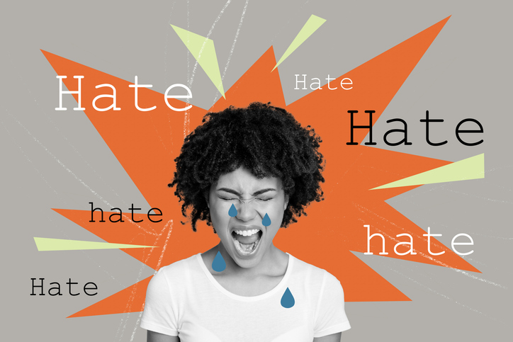 Creative abstract template graphics collage image of stressed unhappy lady crying getting hate messages isolated painting background