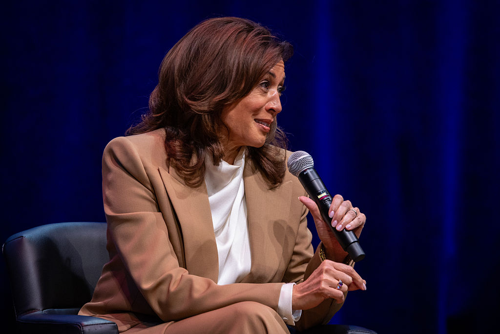Former Vice President Kamala Harris is speaks at the Wiltern on Monday, Sept. 29, as part of her book tour promoting "107 Days," her new books about her short sprint of a presidential campaign in 2024 after President Biden decided not to seek reelection